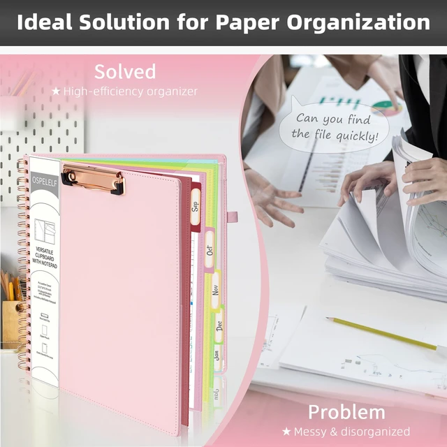 Alt view image 5 of 6 - Leather Clipboard Folio with Notepad for Letter Size, Spiral Clipboard Folder with Storage Zipper Pouch, 5 Folders with 10 Pockets, 39 Divider Label Stickers, Pen Loop Series (Pink)
