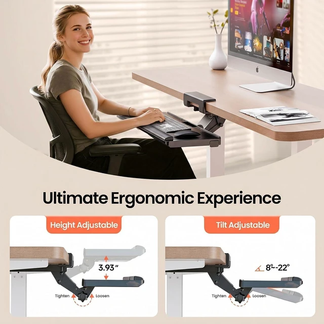 Alt view image 4 of 7 - Upgraded Ergonomic Keyboard Tray Under Desk, Adjustable Sliding Keyboard Platform Holder, Keyboard Stand with Wrist Rest & Storage Drawer for Home, Office and Gaming, 24.4"x10"