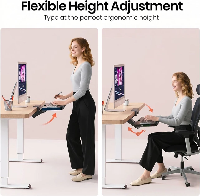 Alt view image 3 of 7 - Upgraded Ergonomic Keyboard Tray Under Desk, Adjustable Sliding Keyboard Platform Holder, Keyboard Stand with Wrist Rest & Storage Drawer for Home, Office and Gaming, 24.4"x10"