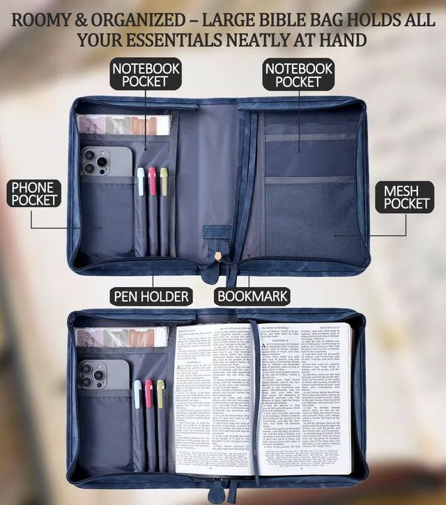 Alt view image 3 of 7 - Vegan Leather Bible Cover Case, Bible Bag with Phone Pocket, Bible Case for Men Women, Christian Gift Box Packaging (Indigo)