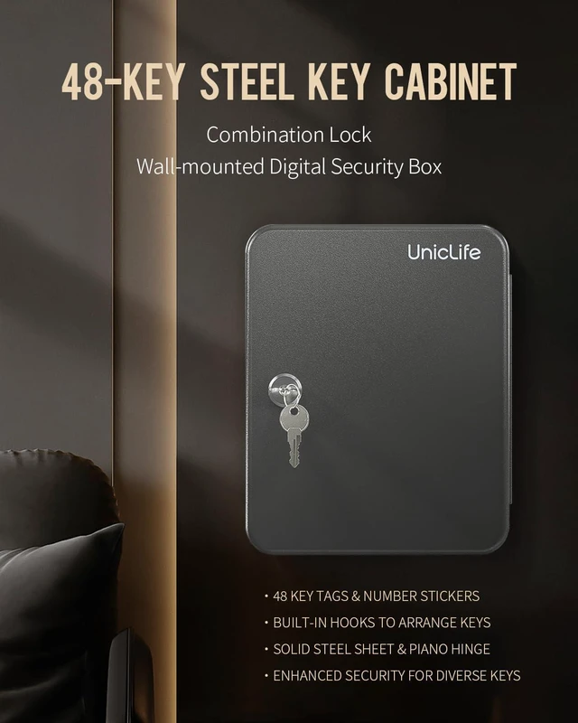 Alt view image 5 of 7 - 48-Key Steel Key Cabinet with 2 Unlocking Keys Wall Mounted Key Organizer Black Frosted Security Box with Hooks and Key Tag Labels Identifiers in 9 Assorted Colors