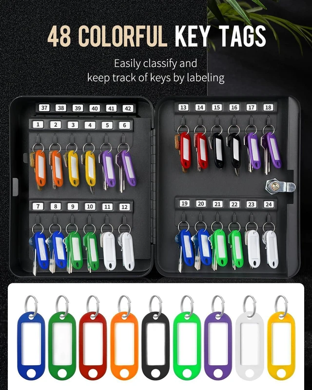 Alt view image 6 of 7 - 48-Key Steel Key Cabinet with 2 Unlocking Keys Wall Mounted Key Organizer Black Frosted Security Box with Hooks and Key Tag Labels Identifiers in 9 Assorted Colors