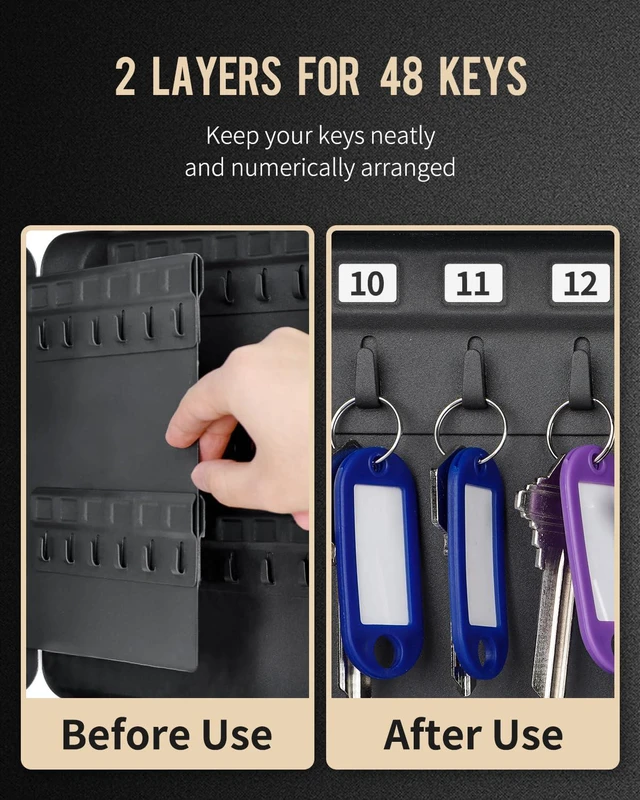 Alt view image 4 of 7 - 48-Key Steel Key Cabinet with 2 Unlocking Keys Wall Mounted Key Organizer Black Frosted Security Box with Hooks and Key Tag Labels Identifiers in 9 Assorted Colors
