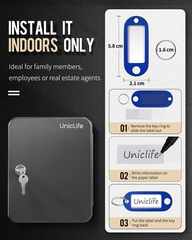 Alt view image 7 of 7 - 48-Key Steel Key Cabinet with 2 Unlocking Keys Wall Mounted Key Organizer Black Frosted Security Box with Hooks and Key Tag Labels Identifiers in 9 Assorted Colors