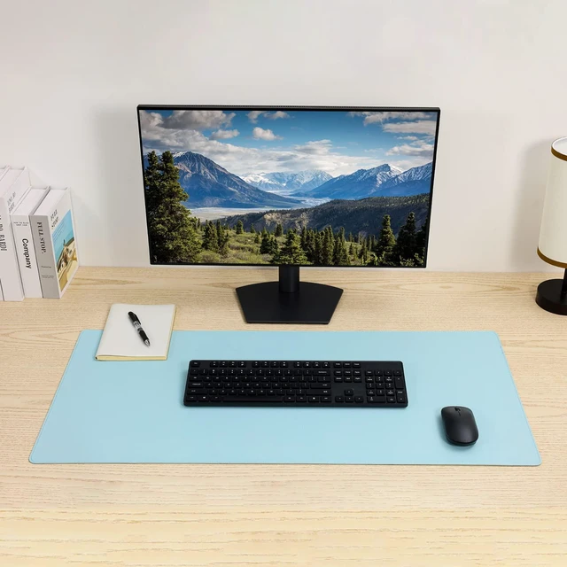 Alt view image 6 of 7 - Faux Leather Desk Pad Blotter,Waterproof Non-Slip Writing Desk Mat for Kids,36x17 in Desktop Protector Large Mouse Pad,Light Blue Office Home Table Cover