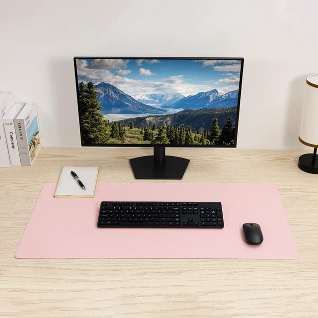 Alt view image 2 of 7 - PU Leather Desk Pad Blotter,Light Pink Waterproof Office Desktop Mat for Women,36x17in Non-Slip Large Mouse Pad Writing Protector