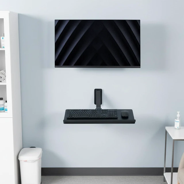Alt view image 2 of 7 - Black Pneumatic Arm 24 x 10 in Keyboard Tray Wall Mount, MOUNT-KB26C Sit-Stand Computer Keyboard & Mouse Tray, Counterbalance Height Adjustable Typing Platform, Ergonomic Tilt