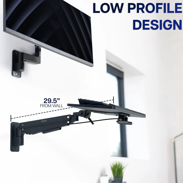 Alt view image 3 of 7 - Black Pneumatic Arm 24 x 10 in Keyboard Tray Wall Mount, MOUNT-KB26C Sit-Stand Computer Keyboard & Mouse Tray, Counterbalance Height Adjustable Typing Platform, Ergonomic Tilt