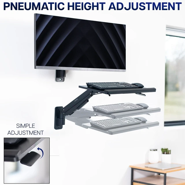 Alt view image 4 of 7 - Black Pneumatic Arm 24 x 10 in Keyboard Tray Wall Mount, MOUNT-KB26C Sit-Stand Computer Keyboard & Mouse Tray, Counterbalance Height Adjustable Typing Platform, Ergonomic Tilt