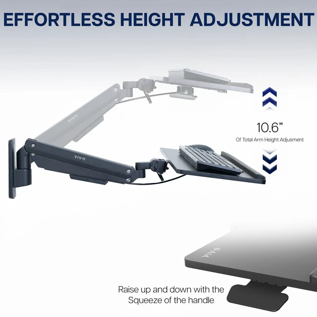 Alt view image 6 of 7 - Black Pneumatic Arm 24 x 10 in Keyboard Tray Wall Mount, MOUNT-KB26C Sit-Stand Computer Keyboard & Mouse Tray, Counterbalance Height Adjustable Typing Platform, Ergonomic Tilt