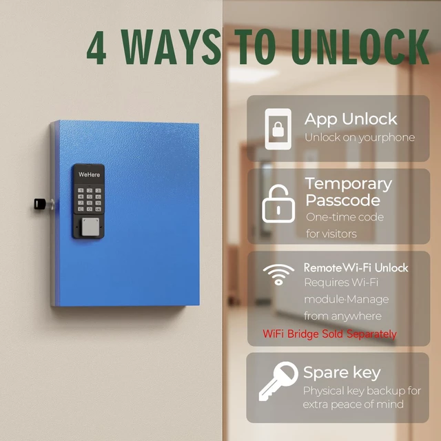 Alt view image 4 of 7 - 32 Key Lock Box Smart Key Organier Cabinet with Keypad & App for Office Wall Mounted Lockbox use Bluetooth, Custom/One Time Password, WiFi (Need W100 Bridge) Unlock for School, Office, Fleet, Hotel