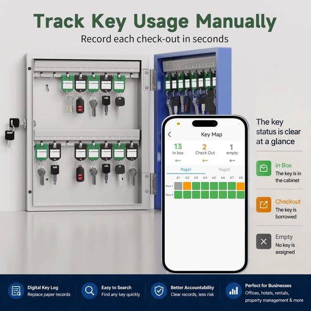 Alt view image 5 of 7 - 32 Key Lock Box Smart Key Organier Cabinet with Keypad & App for Office Wall Mounted Lockbox use Bluetooth, Custom/One Time Password, WiFi (Need W100 Bridge) Unlock for School, Office, Fleet, Hotel