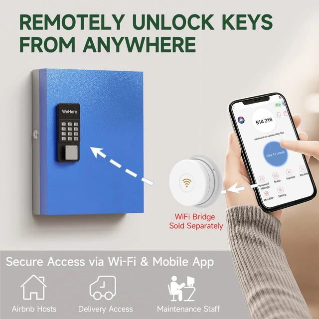 Alt view image 6 of 7 - 32 Key Lock Box Smart Key Organier Cabinet with Keypad & App for Office Wall Mounted Lockbox use Bluetooth, Custom/One Time Password, WiFi (Need W100 Bridge) Unlock for School, Office, Fleet, Hotel