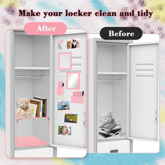 Alt view image 4 of 7 - 15 PCS Pink School Locker Organizer Kit with Shelf and Accessories Locker Accessories Include Shelf, Rug, Magnetic Mirror, Whiteboard with Marker and Nails for Girls' Back to School