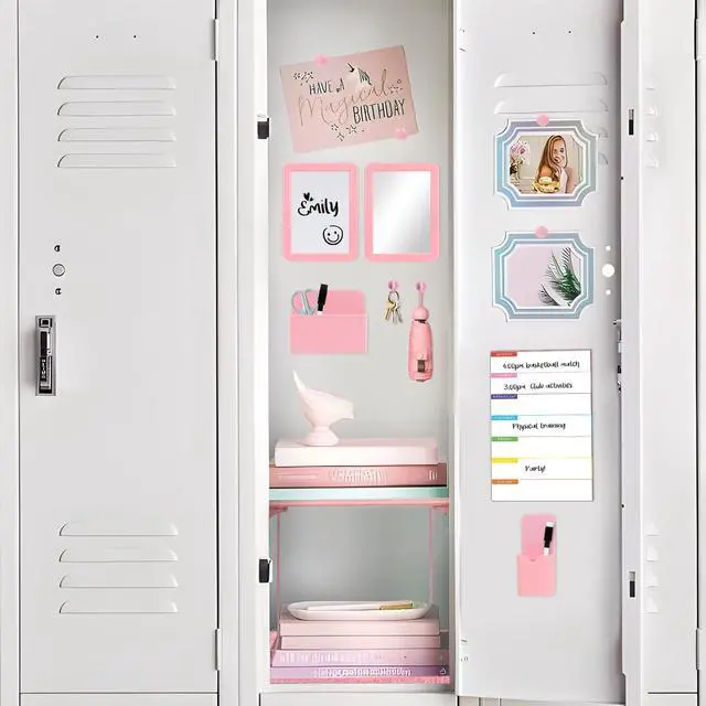 Alt view image 6 of 7 - 15 PCS Pink School Locker Organizer Kit with Shelf and Accessories Locker Accessories Include Shelf, Rug, Magnetic Mirror, Whiteboard with Marker and Nails for Girls' Back to School