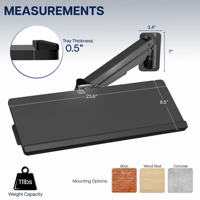 Alt view image 5 of 7 - Black Pneumatic Arm 24 x 10 in Keyboard Tray Wall Mount, MOUNT-KB26C Sit-Stand Computer Keyboard & Mouse Tray, Counterbalance Height Adjustable Typing Platform, Ergonomic Tilt