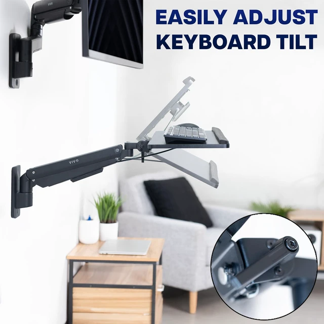 Alt view image 7 of 7 - Black Pneumatic Arm 24 x 10 in Keyboard Tray Wall Mount, MOUNT-KB26C Sit-Stand Computer Keyboard & Mouse Tray, Counterbalance Height Adjustable Typing Platform, Ergonomic Tilt