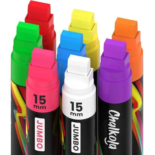 Main image of 8 Washable Window Markers for Cars, Auto Glass, Chalkboard - 15mm Jumbo 3 in 1 Nib, 28g Ink - Liquid Chalk Markers for Blackboard, Bistro, Menu Board - Loved by Teachers, Kids, Artists, Businesses