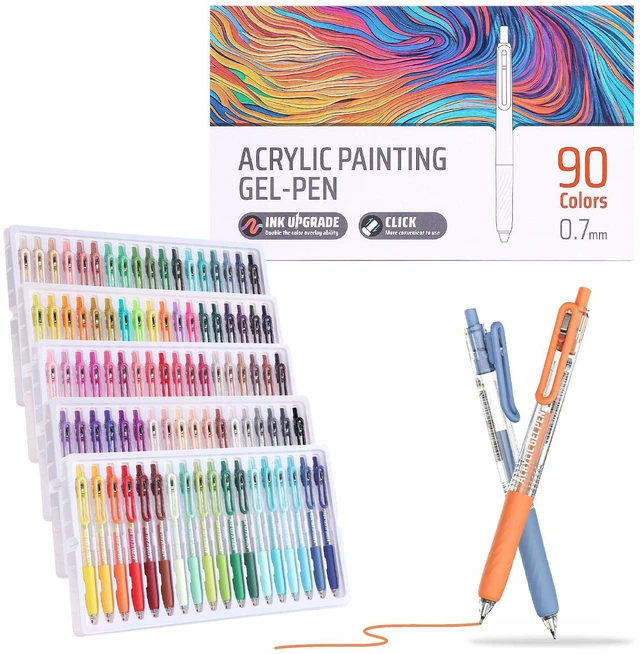 Main image of Acrylic Gel Pens for Coloring, 90 Colors Retractable Colored Pens 0.7mm Tip, Premium Gift Box Set, Perfect for Coloring, Writing, Drawing, Journaling, Note Taking, Black & White Paper