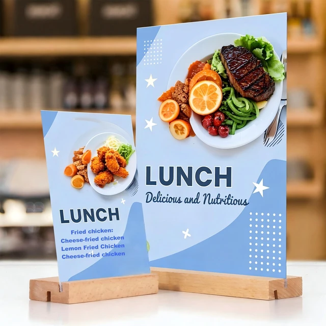 Alt view image 3 of 7 - 8.5 x 11 Acrylic Sign Holder with Wood Base 5 Pack L/T Shape Vertical or Slant Back Display for Wedding, Restaurant, Store, Office, Hotel