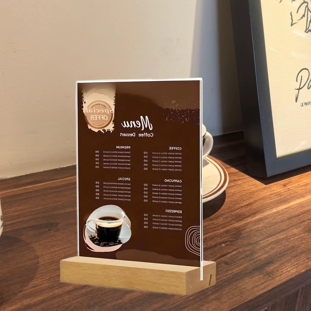 Alt view image 7 of 7 - 8.5 x 11 Acrylic Sign Holder with Wood Base 5 Pack L/T Shape Vertical or Slant Back Display for Wedding, Restaurant, Store, Office, Hotel