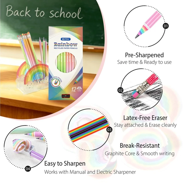 Alt view image 3 of 7 - Pre-Sharpened Rainbow Pencils #2, Back to School Supplies, 24 Count Cute Number 2 Pencils for Kids Students, Latex-Free Eraser, Eco Recycled Paper, Smooth Writing, Drawing, Fun Classroom Gifts