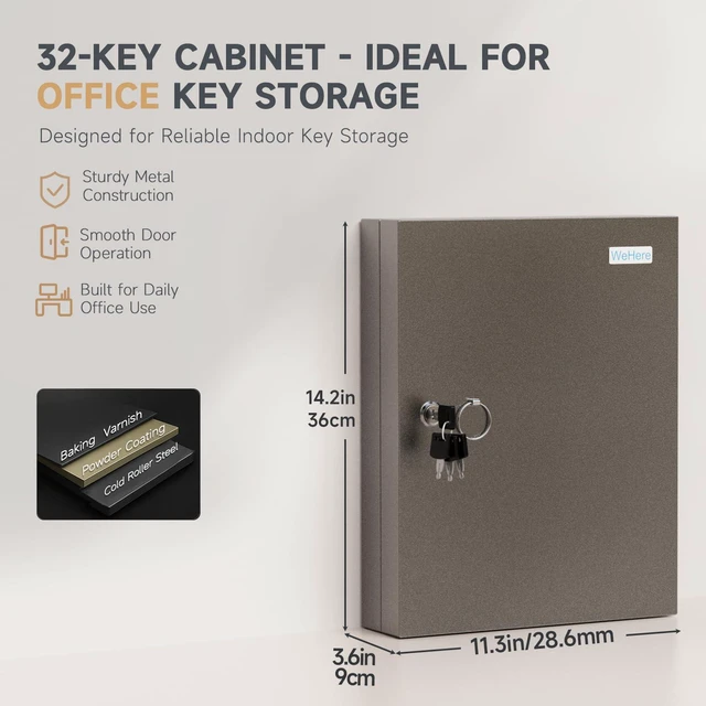 Alt view image 2 of 7 - 32-Keys Key Lock Box, Wall Mount Steel Key Organizer Cabinet with Key Tag Security Key Holder Lockbox with Key Management App for Small Office, Key Storage for Home, Garage, Fleet & Valet