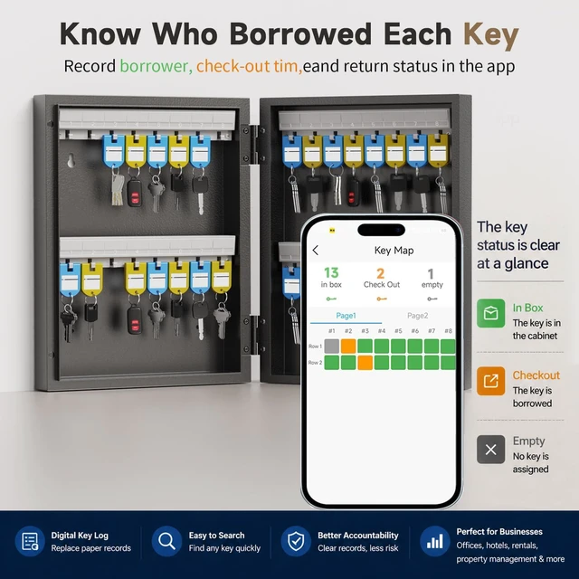 Alt view image 5 of 7 - 32-Keys Key Lock Box, Wall Mount Steel Key Organizer Cabinet with Key Tag Security Key Holder Lockbox with Key Management App for Small Office, Key Storage for Home, Garage, Fleet & Valet