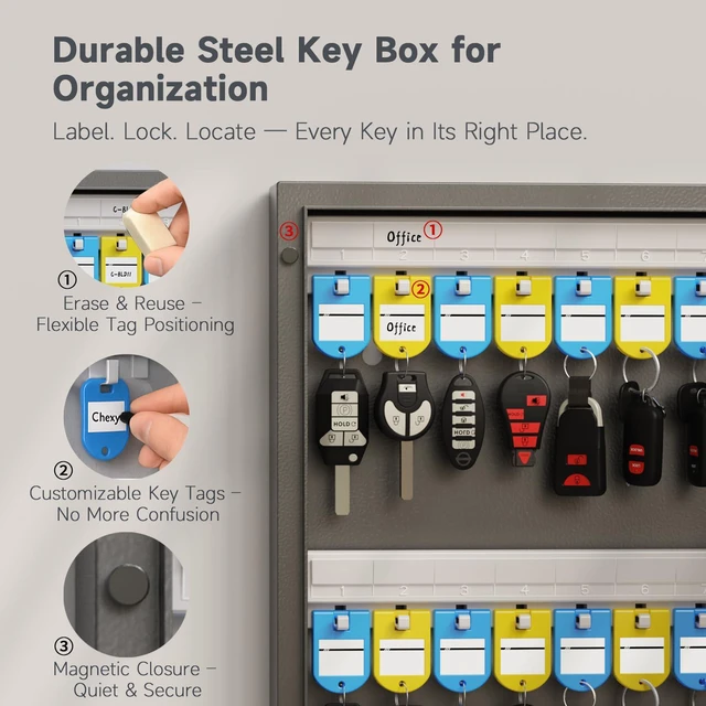 Alt view image 4 of 7 - 32-Keys Key Lock Box, Wall Mount Steel Key Organizer Cabinet with Key Tag Security Key Holder Lockbox with Key Management App for Small Office, Key Storage for Home, Garage, Fleet & Valet