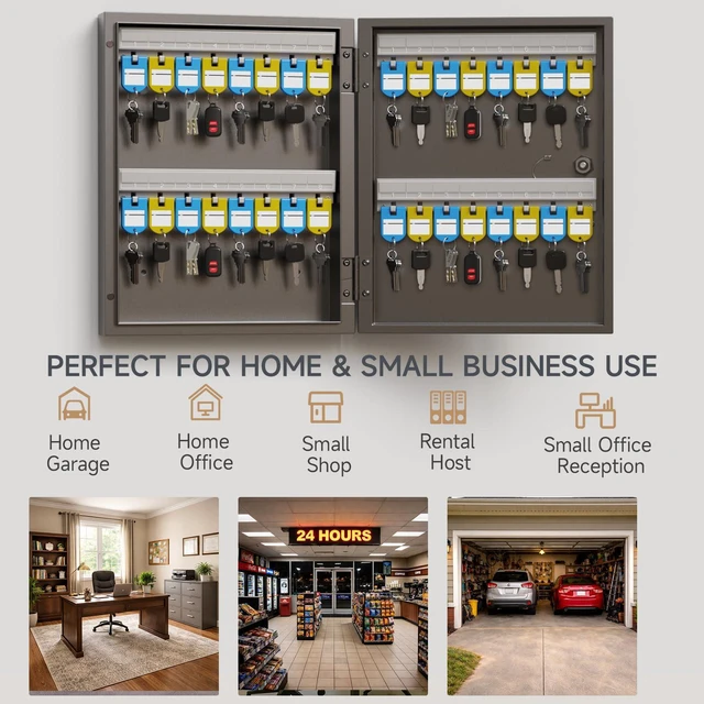 Alt view image 6 of 7 - 32-Keys Key Lock Box, Wall Mount Steel Key Organizer Cabinet with Key Tag Security Key Holder Lockbox with Key Management App for Small Office, Key Storage for Home, Garage, Fleet & Valet