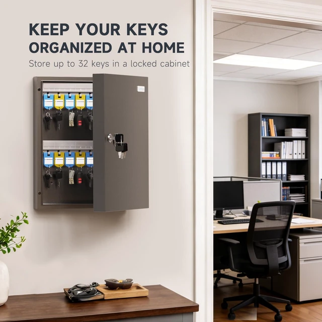 Alt view image 7 of 7 - 32-Keys Key Lock Box, Wall Mount Steel Key Organizer Cabinet with Key Tag Security Key Holder Lockbox with Key Management App for Small Office, Key Storage for Home, Garage, Fleet & Valet