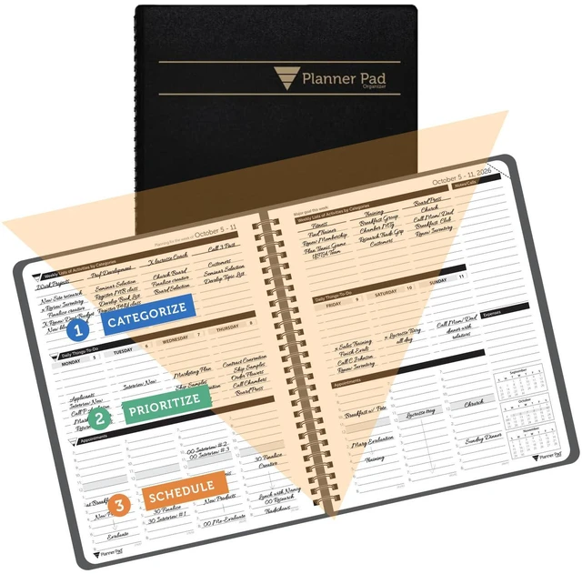 Main image of Spiral Bound October 2026 September 2027 6 3/4" x 8 1/2" Medium 3-Tier Funnel Down 12 Month Organizer, Black Cover/Black Ink