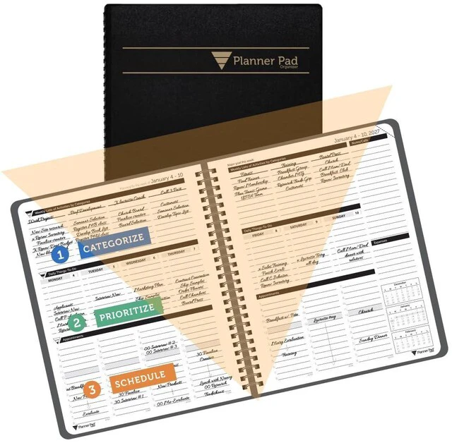 Main image of Spiral Bound January-December 2027/ Calendar Year 6 3/4" x 8 1/2" Medium 3-Tier Funnel Down 12 Month/Weekly Organizer, Black Cover/Black Ink