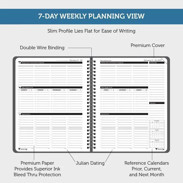 Alt view image 4 of 6 - Spiral Bound January-December 2027/ Calendar Year 6 3/4" x 8 1/2" Medium 3-Tier Funnel Down 12 Month/Weekly Organizer, Black Cover/Black Ink