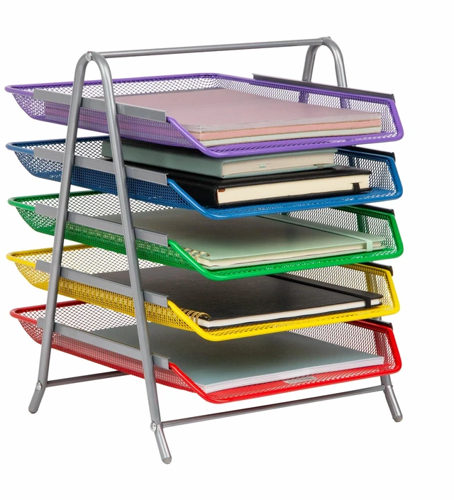 Main image of 5-Tier Paper Tray Organizer with Multicolor Trays, Classroom File Organizer for Teachers, Metal Mesh, Assorted Colors