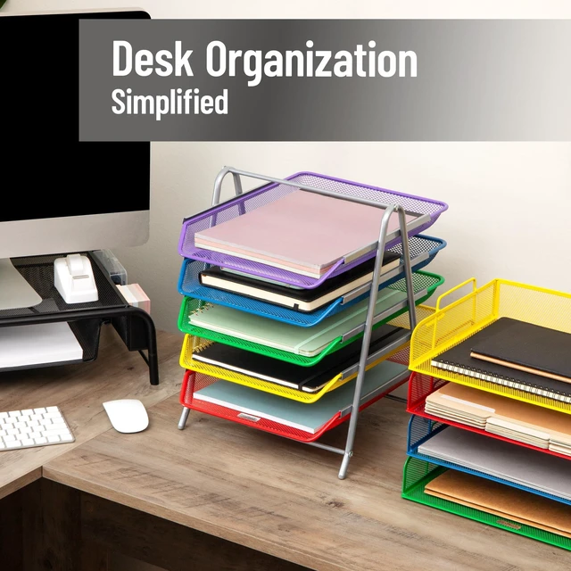 Alt view image 2 of 6 - 5-Tier Paper Tray Organizer with Multicolor Trays, Classroom File Organizer for Teachers, Metal Mesh, Assorted Colors