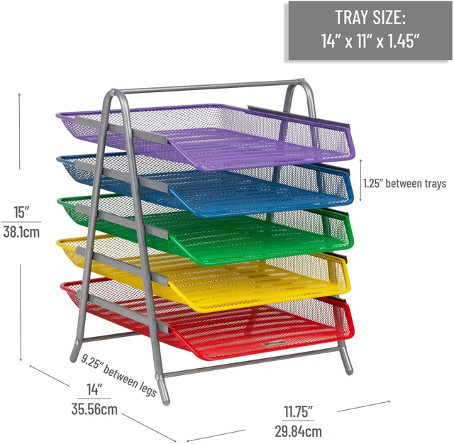 Alt view image 3 of 6 - 5-Tier Paper Tray Organizer with Multicolor Trays, Classroom File Organizer for Teachers, Metal Mesh, Assorted Colors