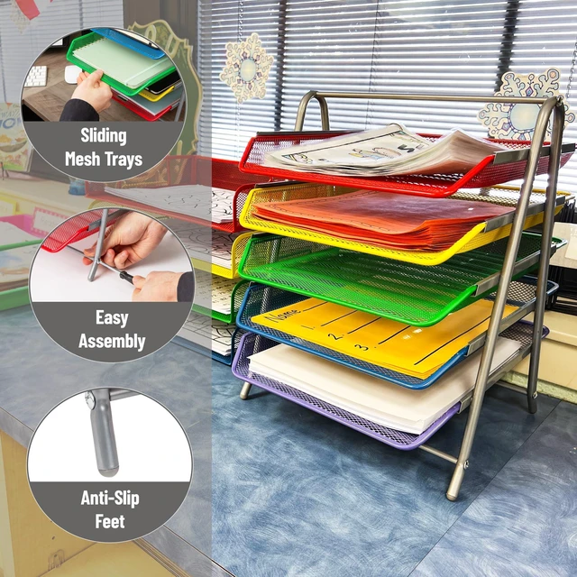 Alt view image 4 of 6 - 5-Tier Paper Tray Organizer with Multicolor Trays, Classroom File Organizer for Teachers, Metal Mesh, Assorted Colors