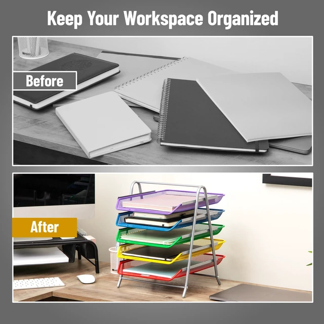 Alt view image 5 of 6 - 5-Tier Paper Tray Organizer with Multicolor Trays, Classroom File Organizer for Teachers, Metal Mesh, Assorted Colors