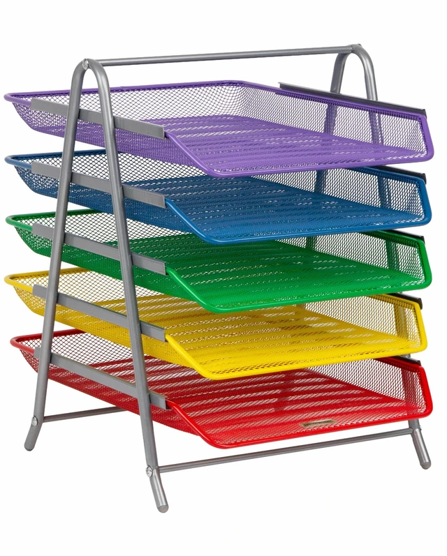 Alt view image 6 of 6 - 5-Tier Paper Tray Organizer with Multicolor Trays, Classroom File Organizer for Teachers, Metal Mesh, Assorted Colors