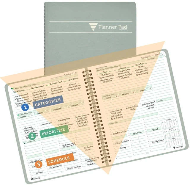 Main image of Spiral Bound October 2026 September 2027 6 3/4" x 8 1/2" Medium 3-Tier Funnel Down 12 Month Organizer, Greenish Grey Cover/Soft Green Ink