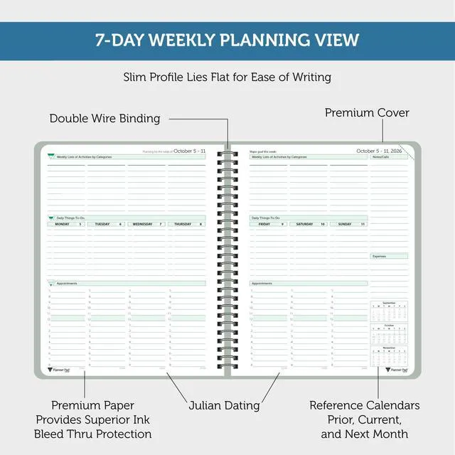Alt view image 4 of 6 - Spiral Bound October 2026 September 2027 6 3/4" x 8 1/2" Medium 3-Tier Funnel Down 12 Month Organizer, Greenish Grey Cover/Soft Green Ink