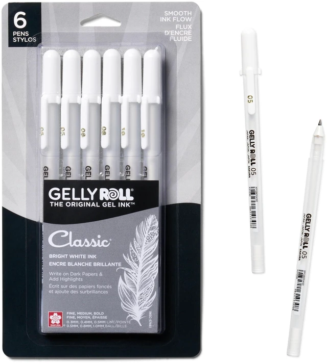 Main image of Gelly Roll Gel Pens, White, Assorted 05/08/10 Tip, 6 Pack Ink Pens for Journaling, Art, Calligraphy, or Drawing, Classic White Ink, Opaque, Bright, Japanese Quality