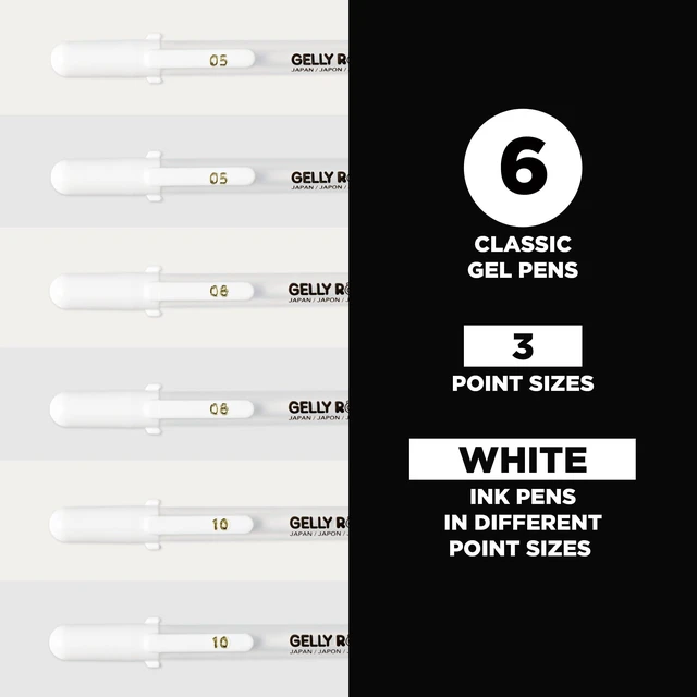 Alt view image 2 of 7 - Gelly Roll Gel Pens, White, Assorted 05/08/10 Tip, 6 Pack Ink Pens for Journaling, Art, Calligraphy, or Drawing, Classic White Ink, Opaque, Bright, Japanese Quality