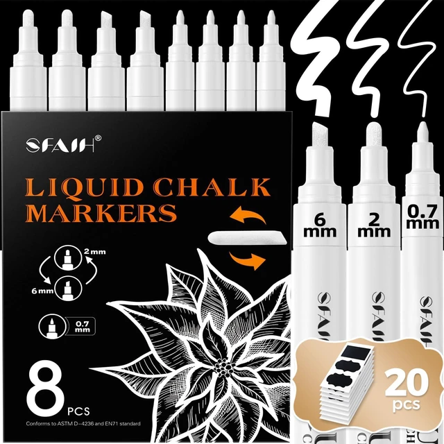 Main image of White Liquid Chalk Markers for Blackboard Glass 8 Pack, 20 Pcs Labels Wet Erase No Residue, (4x) 2mm/4mm Reversible & (4x) 0.7mm Fine Tip, Ultra Flow - Menu, Bistro, Signs, Windows, Food Labels