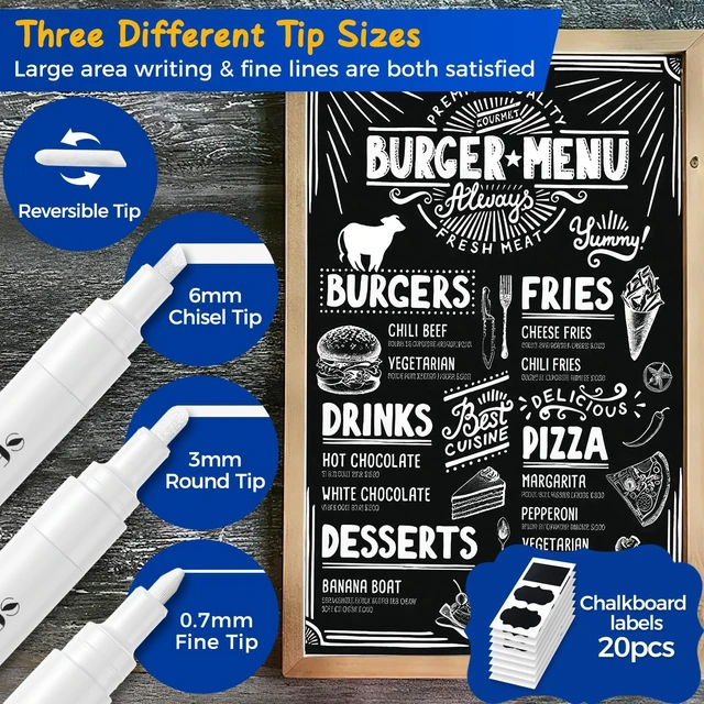 Alt view image 3 of 7 - White Liquid Chalk Markers for Blackboard Glass 8 Pack, 20 Pcs Labels Wet Erase No Residue, (4x) 2mm/4mm Reversible & (4x) 0.7mm Fine Tip, Ultra Flow - Menu, Bistro, Signs, Windows, Food Labels
