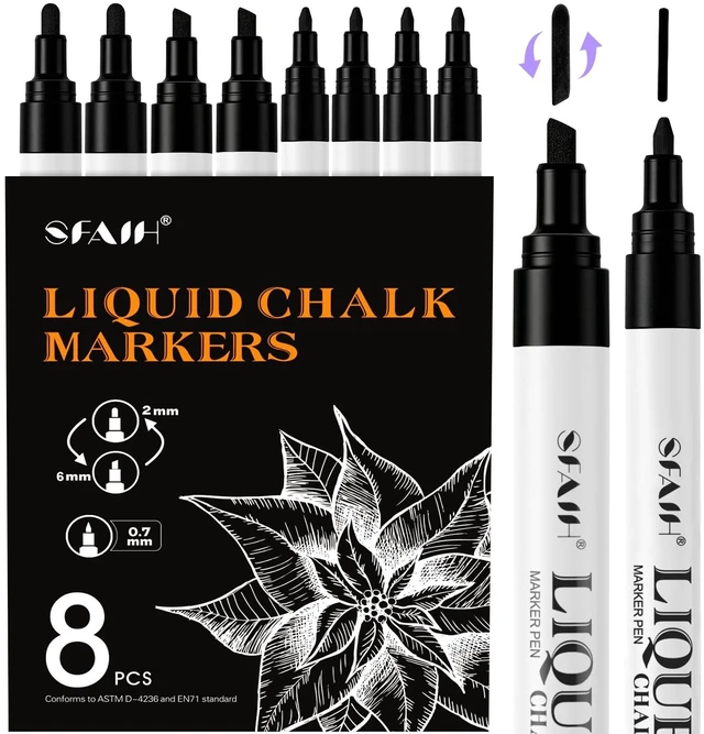 Main image of Black Liquid Chalk Markers 8 Pack, 2mm/6mm Reversible & 0.7mm Fine Tip