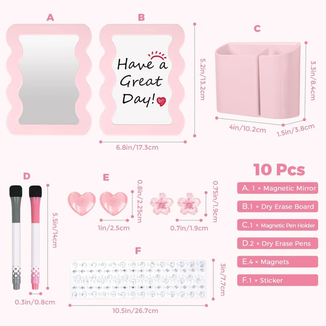 Alt view image 2 of 7 - Locker Accessories Kit for Girls - Includes Magnetic Mirror, Whiteboard, Pen Holder, Magnets and Stickers, Pink Locker Decor & Organizer Set, Back to School Supplies, Basic Set 10 Piece