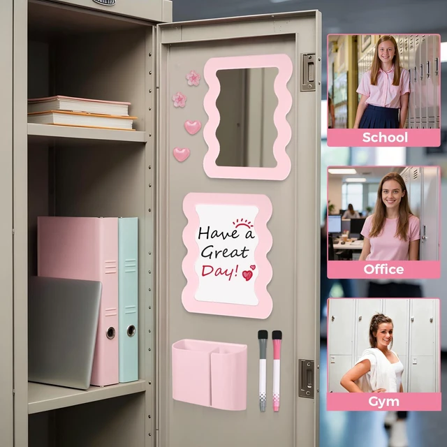 Alt view image 6 of 7 - Locker Accessories Kit for Girls - Includes Magnetic Mirror, Whiteboard, Pen Holder, Magnets and Stickers, Pink Locker Decor & Organizer Set, Back to School Supplies, Basic Set 10 Piece