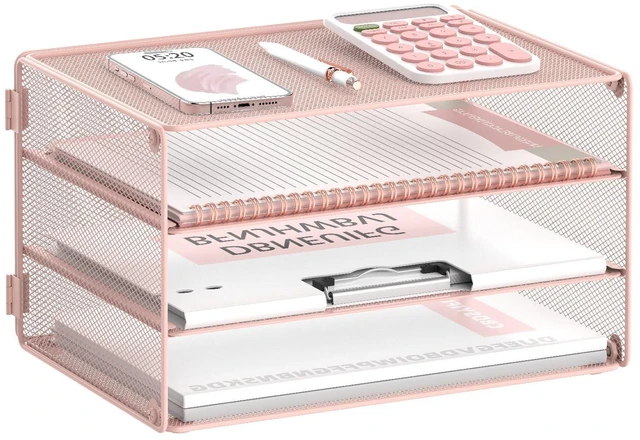 Main image of 3 Tier Letter Tray Paper Organizer with Sliding Mesh Trays Pink Metal Mesh File Organizer with Sliding Trays for Letter and A4 Paper, Mail, Bills, Folders and Office Documents